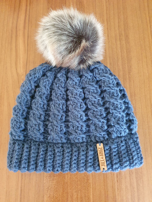 Beanie - Denim Blue Wool Cable - Adult size